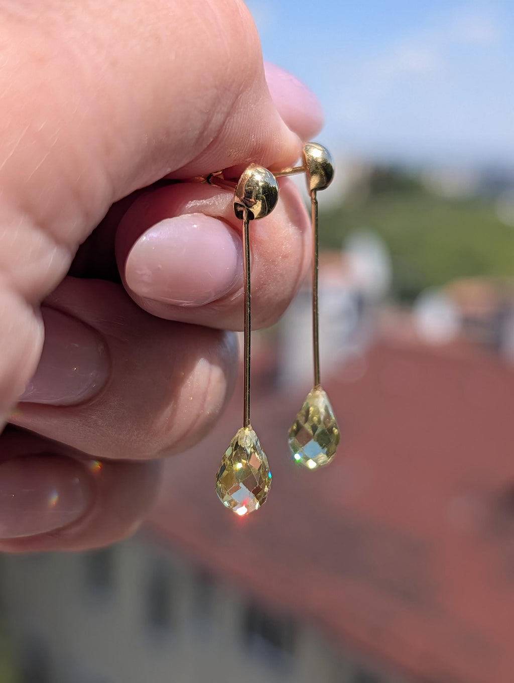 Natural Peridot Dangle Earrings 14k Solid Yellow Gold Hungarian Hallmarked Briolette Cut Green Gemstone Fine Jewelry Gift