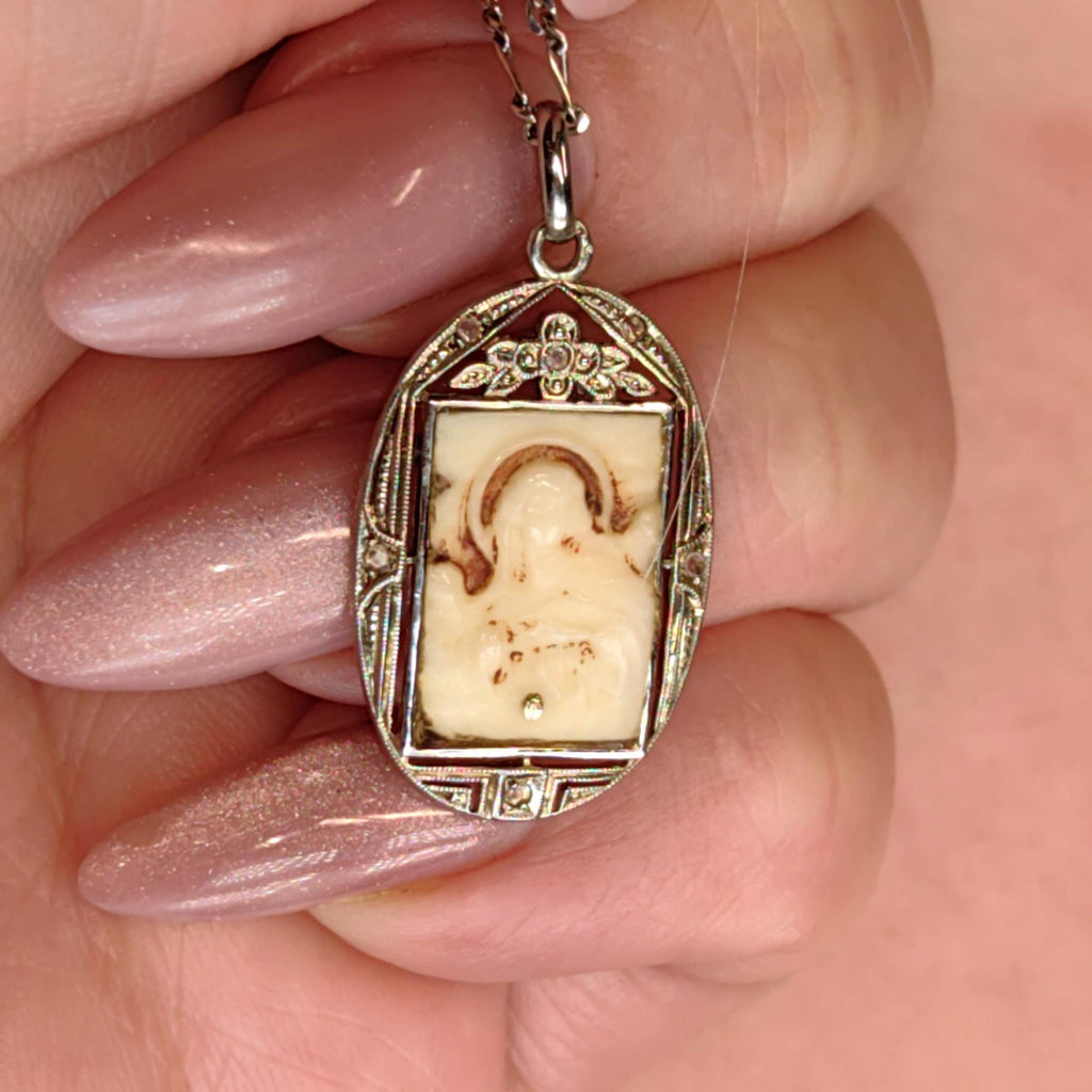 Vintage 1930s Diamond Bone Hand Carved Cameo 18k Gold Saint Portrait Medal Catholic Antique Present