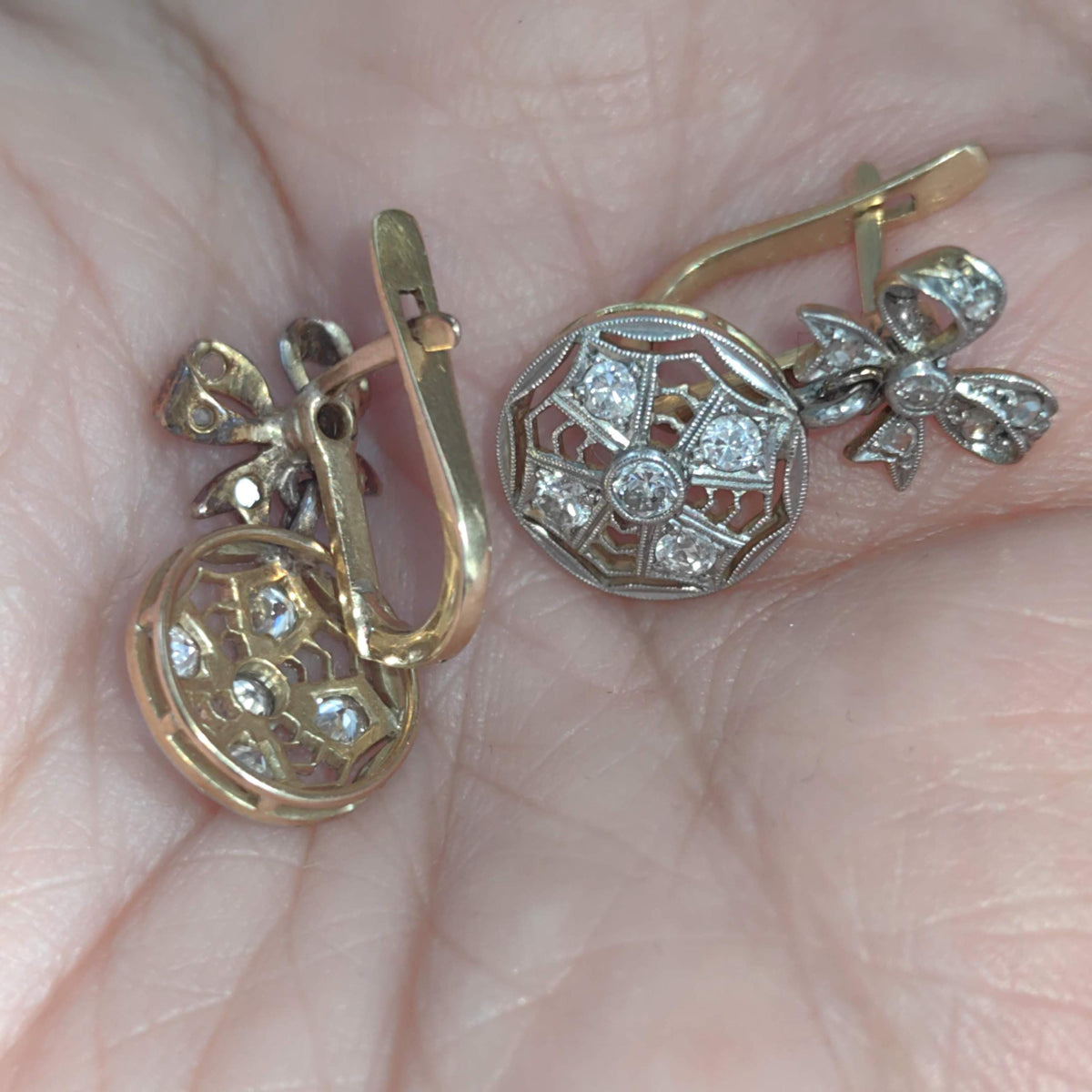 Art Deco Diamond Bow Earrings: 18k Gold Dangle Earrings, 1920s Vintage Style