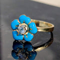 Victorian 14k Gold Diamond Ring: Turquoise Enamel Floral Design