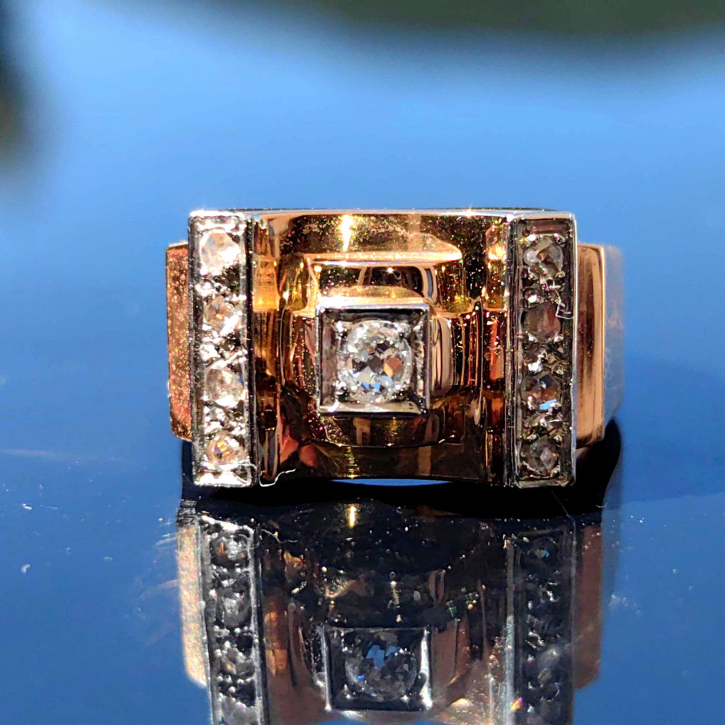 Art Deco Diamond Ring: 18k Gold Unisex Chevalier Statement Ring