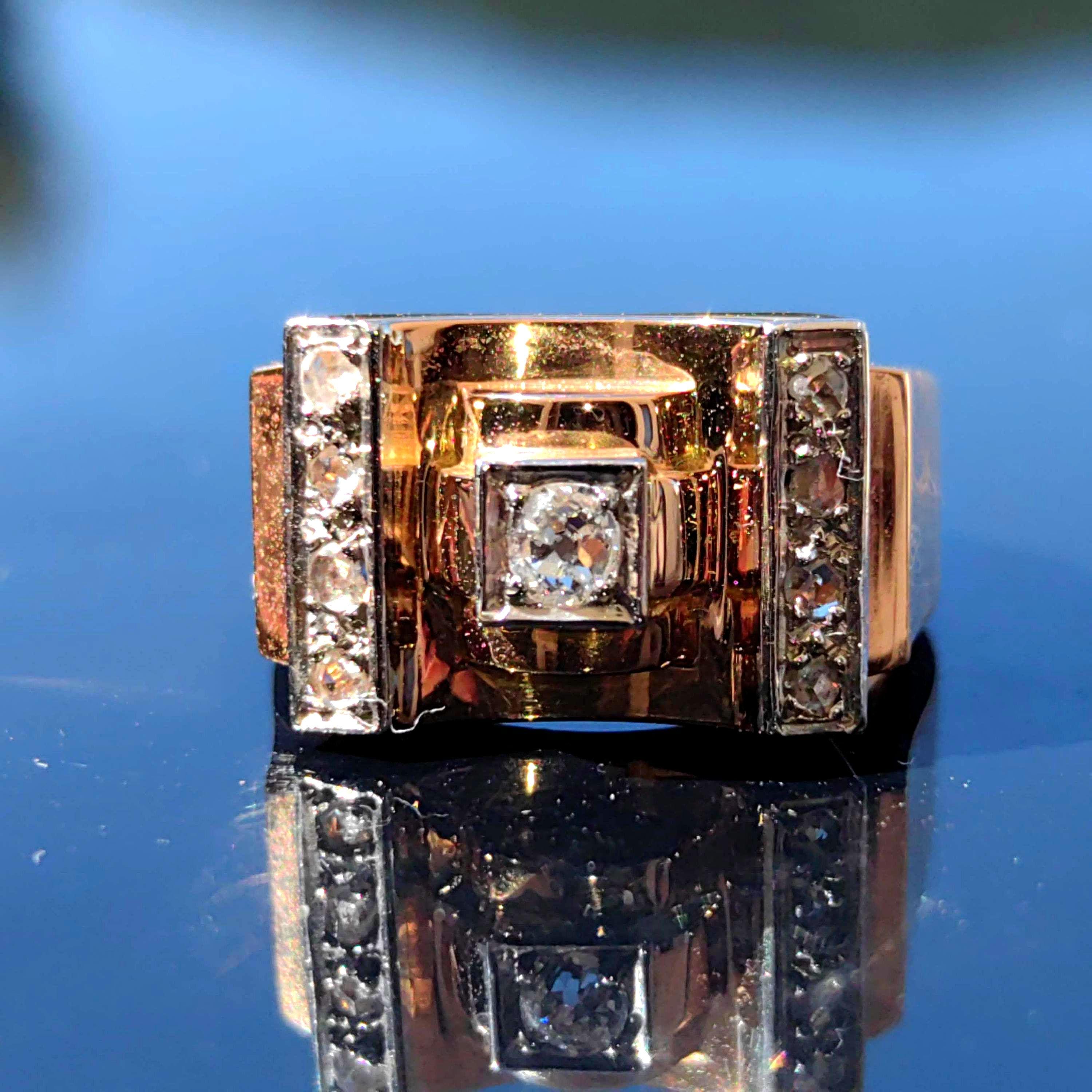 Art Deco Diamond Ring: 18k Gold Unisex Chevalier Statement Ring