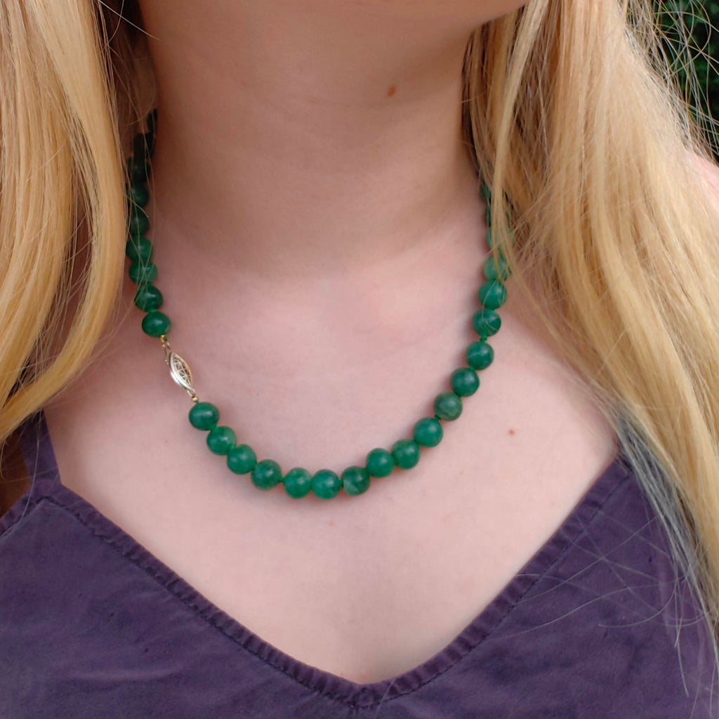 1930s Art Deco Natural Green Aventurine Beaded Statement Elegant Necklace Sterling Silver Clasp Gift for Her Present