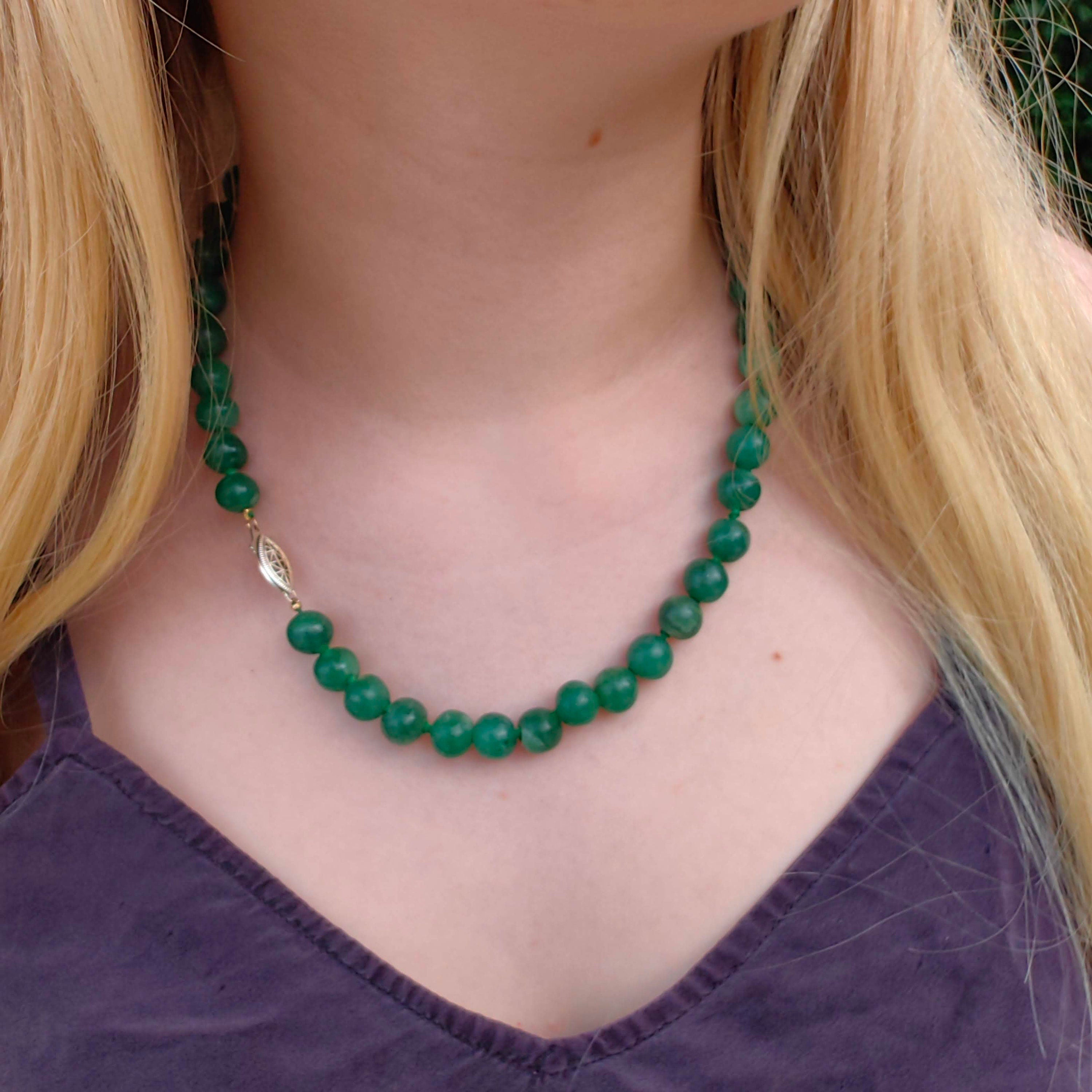 1930s Art Deco Natural Green Aventurine Beaded Statement Elegant Necklace Sterling Silver Clasp Gift for Her Present