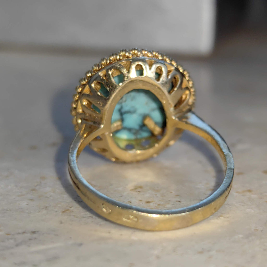 Art Deco 18k Gold Turquoise Ring: Mid Century Statement Jewelry
