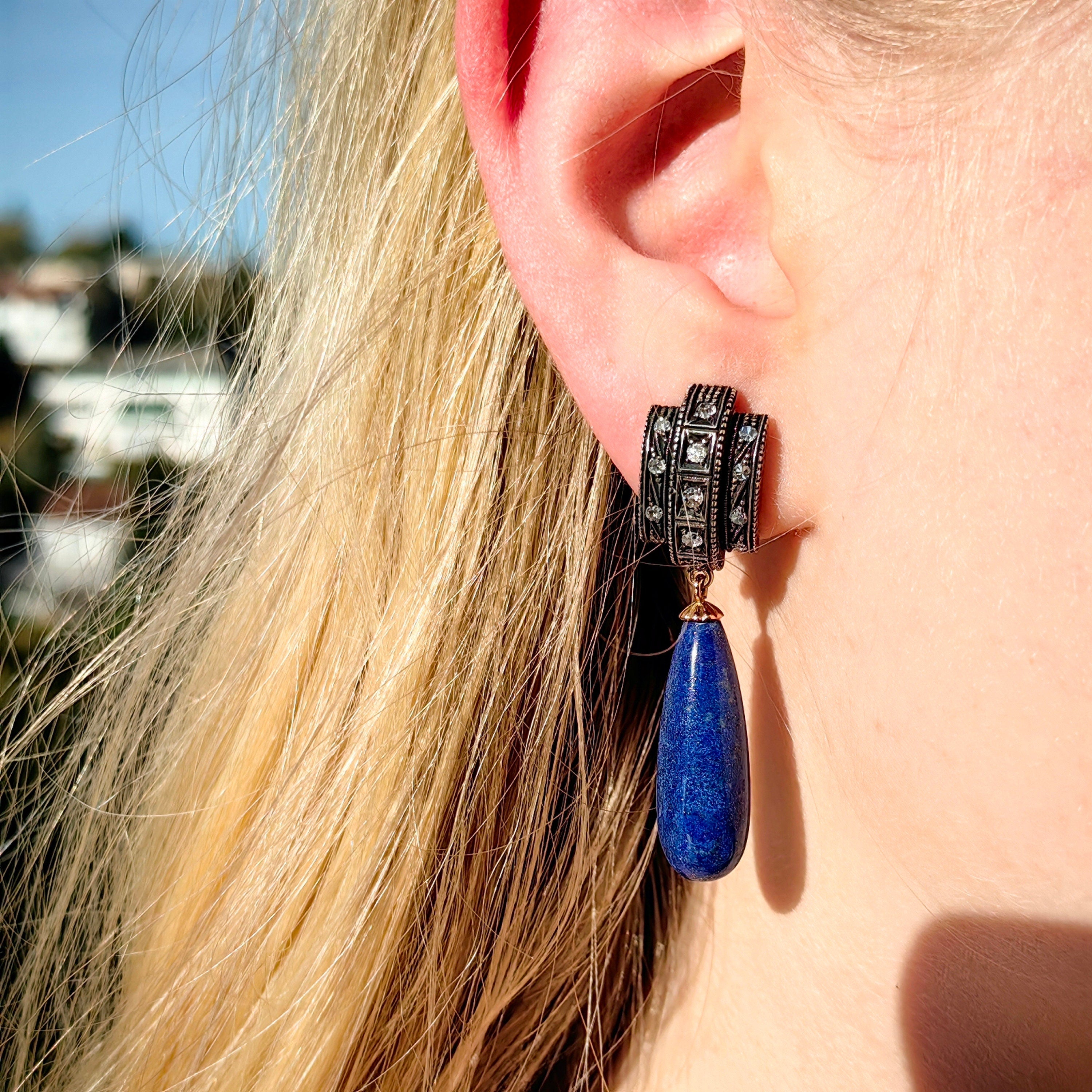 Art Deco Antique Vintage Lapis Lazuli and Diamond Dangle Earrings