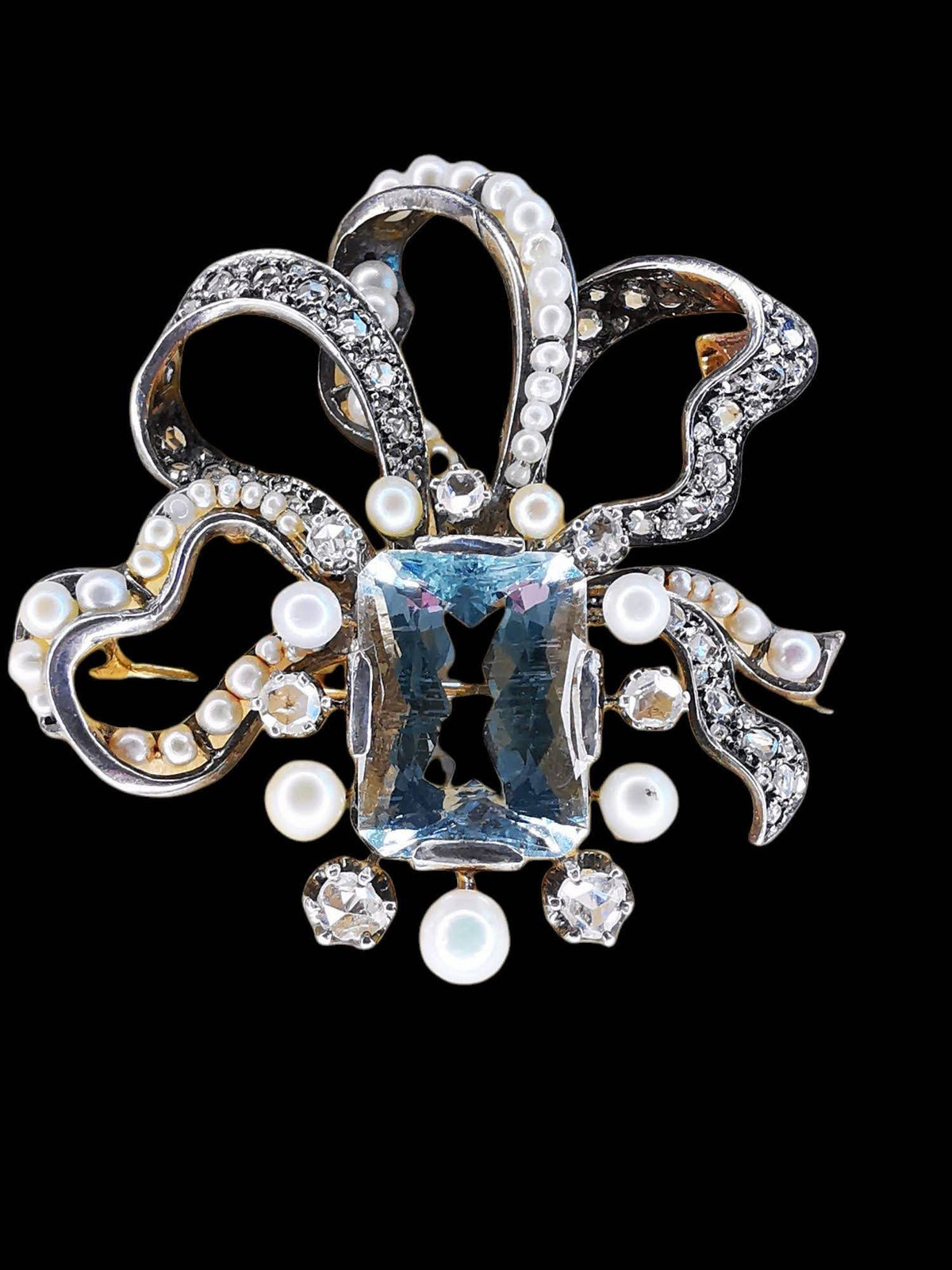 Victorian Blue Aquamarine Statement Brooch Elegant Pendant 14k Solid Gold Diamond & Pearl Bow Necklace Gift