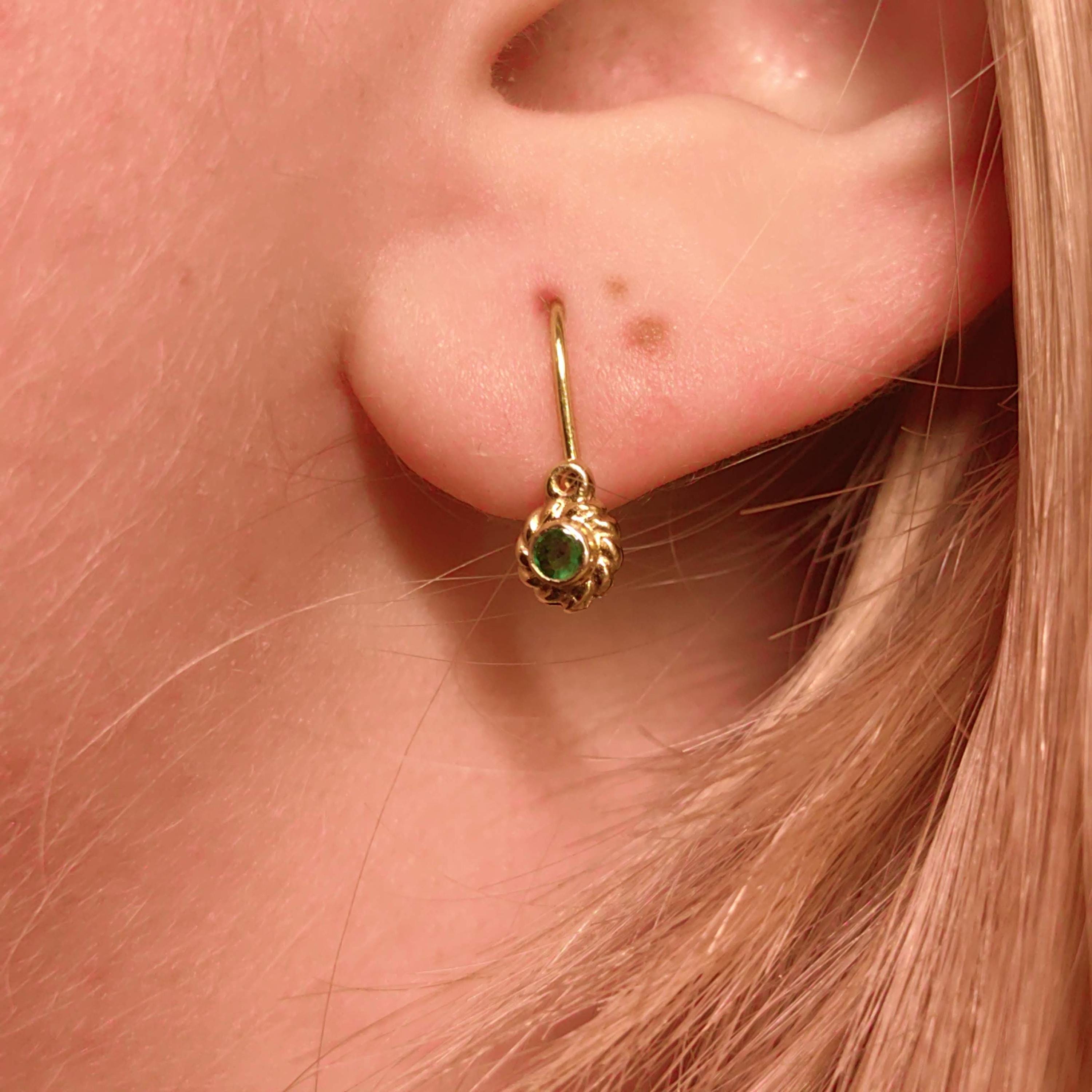 14k 585 Hallmarked Gold Heart Natural Emerald Solid Hallmarked Yellow Champagne 1950s Mid Century Dormouse Gift for her Antique Earrings