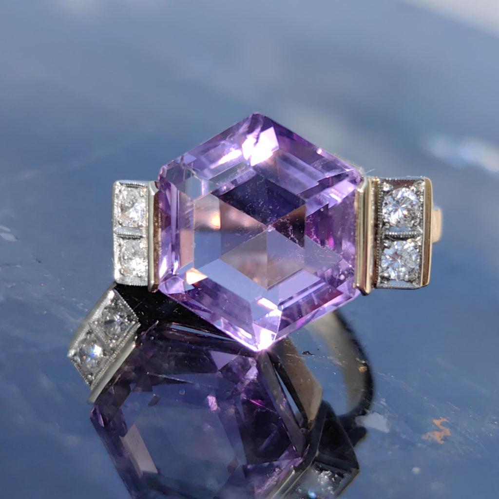 Art Deco Amethyst Cocktail Ring: 14k Yellow Gold Diamond Accent