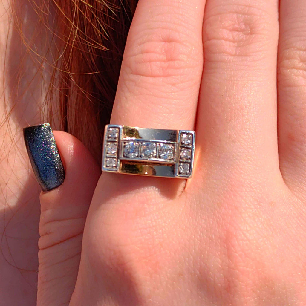 Art Deco 1920s Vintage Diamond 14k Solid Yellow Gold Unisex Chevalier Large Antique Statement Ring Gift Present