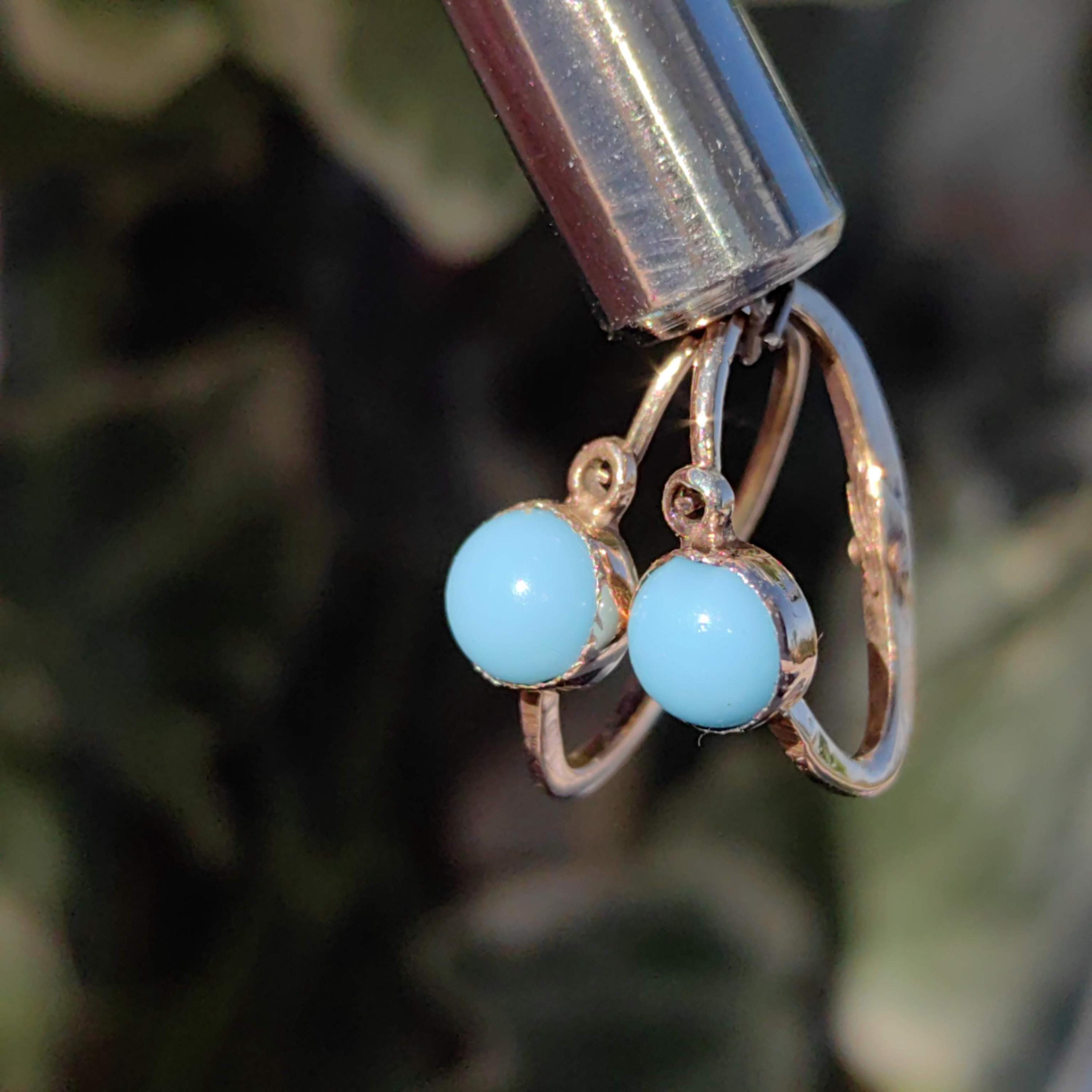 Antique 14k Solid Yellow Rose Champagne Gold Blue Pastel Stone Earrings Nouveau 1900s Elegant Comfortable Lever Back Dormouse Earrings
