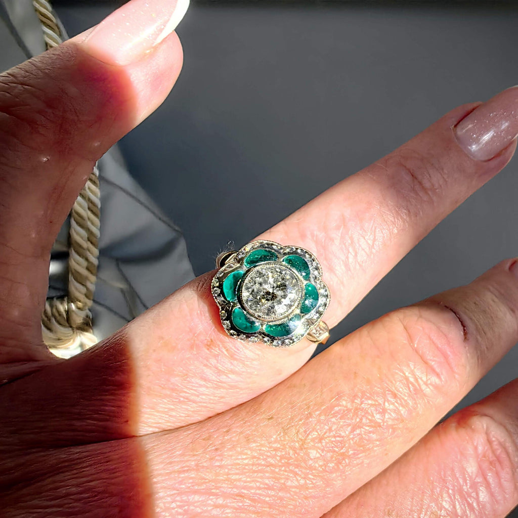 Art Deco Diamond Enamel Ring: 2.15ct Old European Cut, 14k Yellow Gold