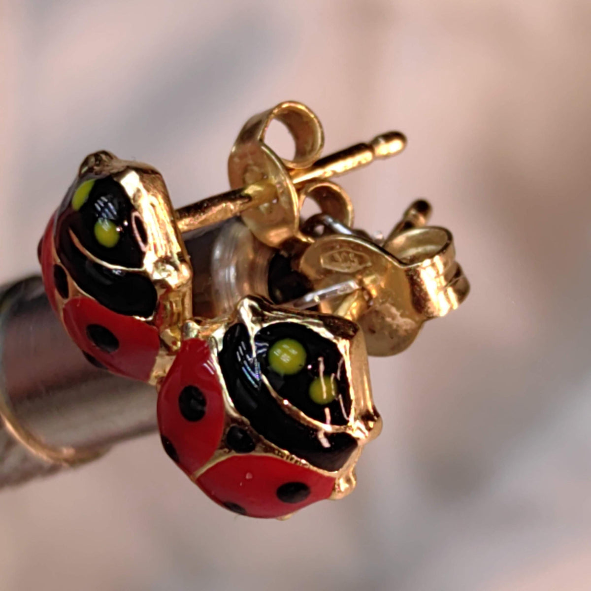 14k Gold Ladybug Stud Earrings: Red & Black Enamel, Retro Dainty Gift