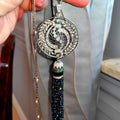 Art Deco Diamond Emerald Onyx Pendant Necklace: 14k Gold Pearl Chain