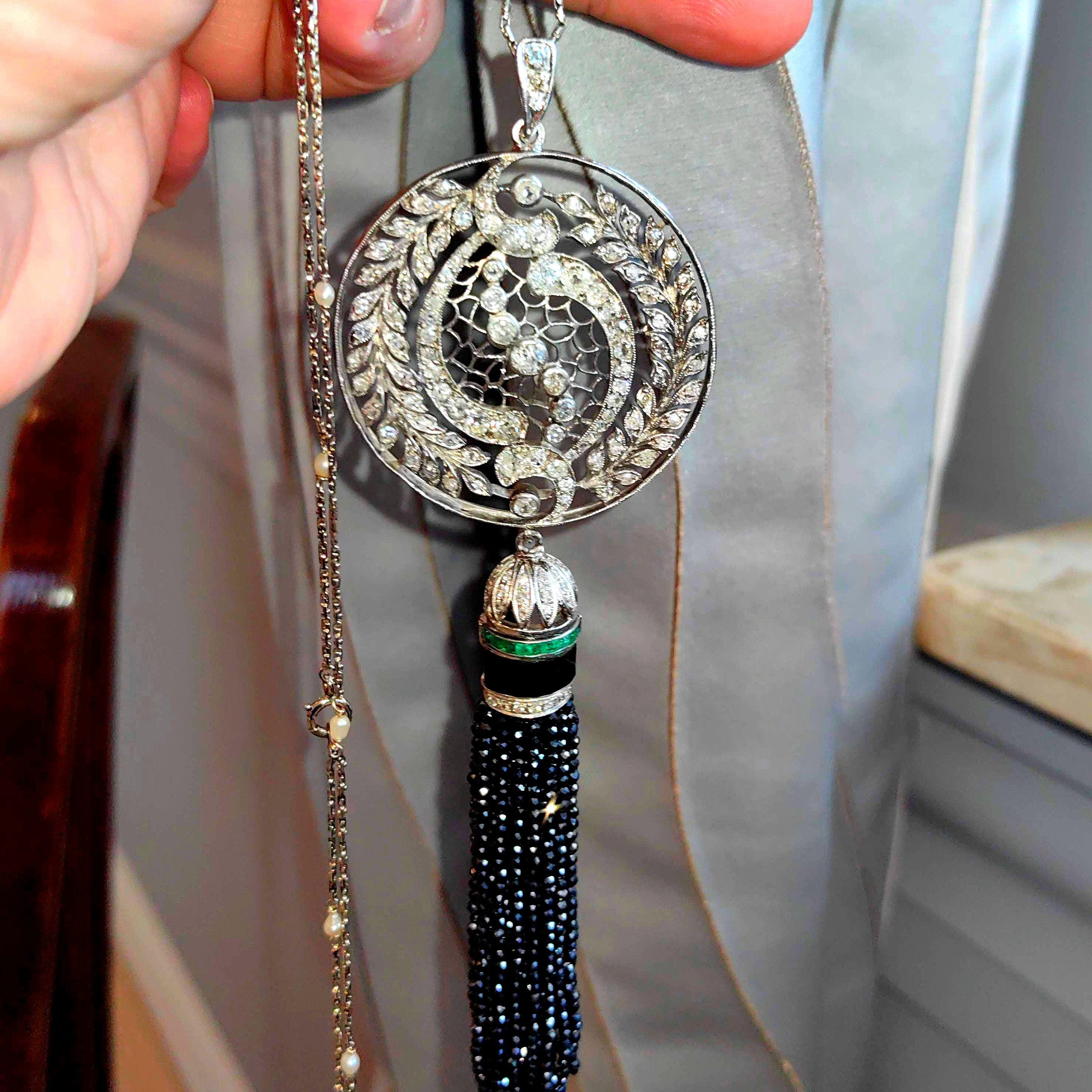 Art Deco Diamond Emerald Onyx Pendant Necklace: 14k Gold Pearl Chain