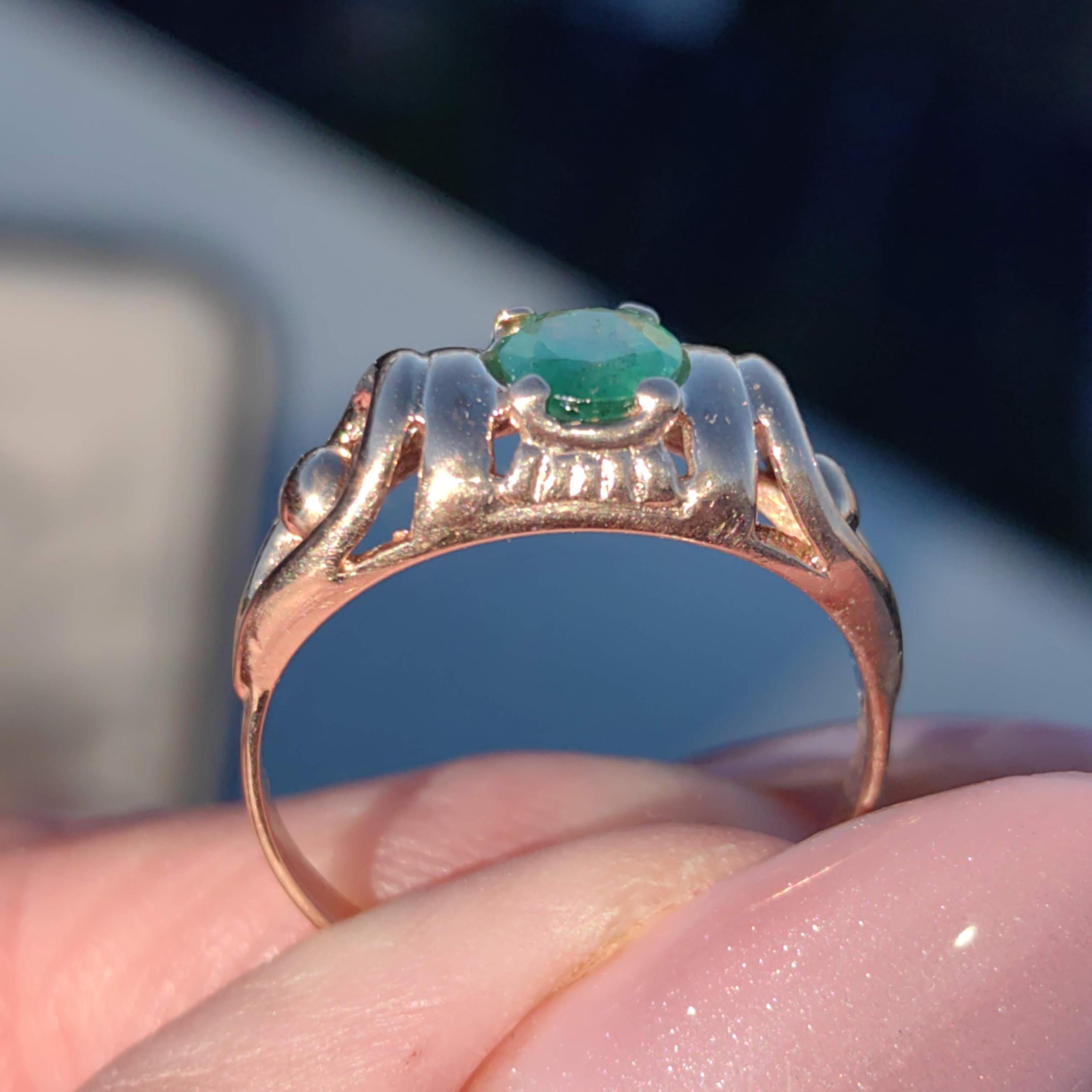 Art Nouveau 1900s Emerald Hallmarked 14k 585 Solid Yellow Rose Gold Antique Vintage Oval Natural Stone Band Solitaire Ring Gift Present