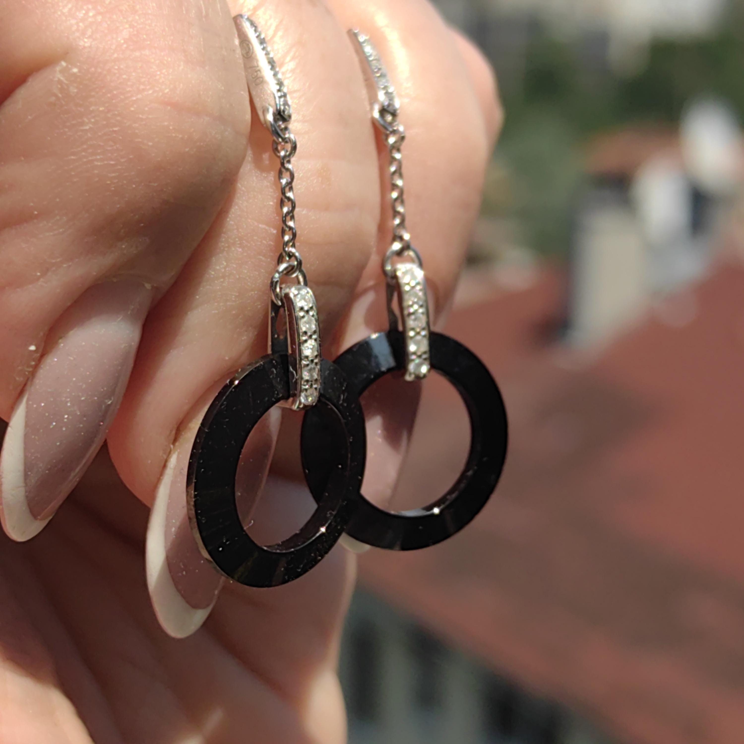 Natural Onyx Diamond 18K Solid White Gold Long Dangle  Drop Earrings Geometric Vintage Retro Statement Earrings Gift for Her