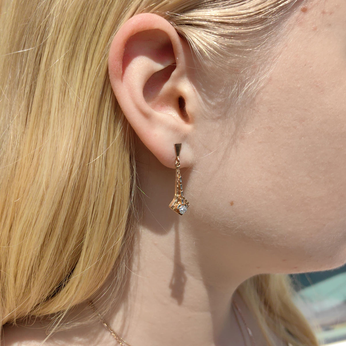 Vintage Diamond Dangle Earrings: Champagne Rose Gold, Hallmarked