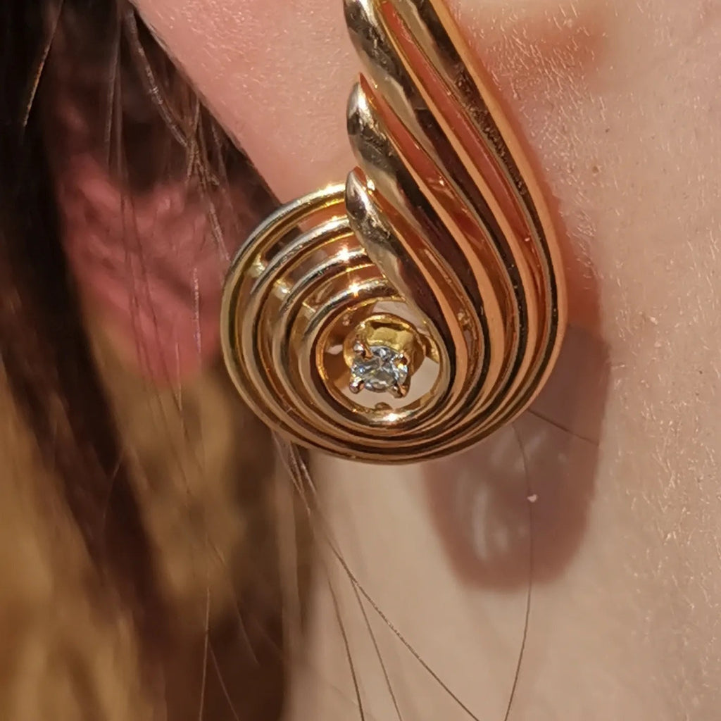 Late Art Deco 1940s 18k Solid Yellow Rose Champagne Gold Diamond Vintage Antique Retro Earrings Asymmetrical Geometric Earrings Gift