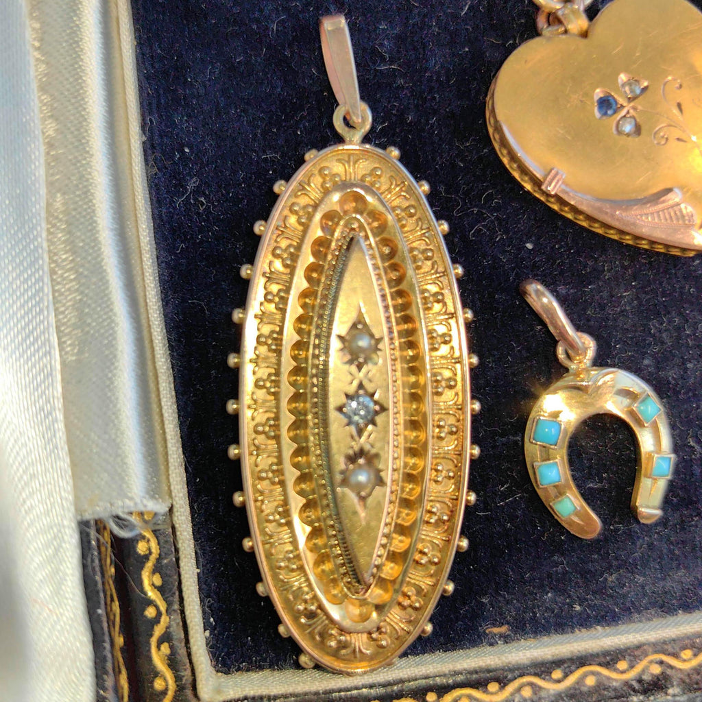 Victorian 15k Gold Locket Pendant: Diamond & Pearl Picture Frame, 1880s