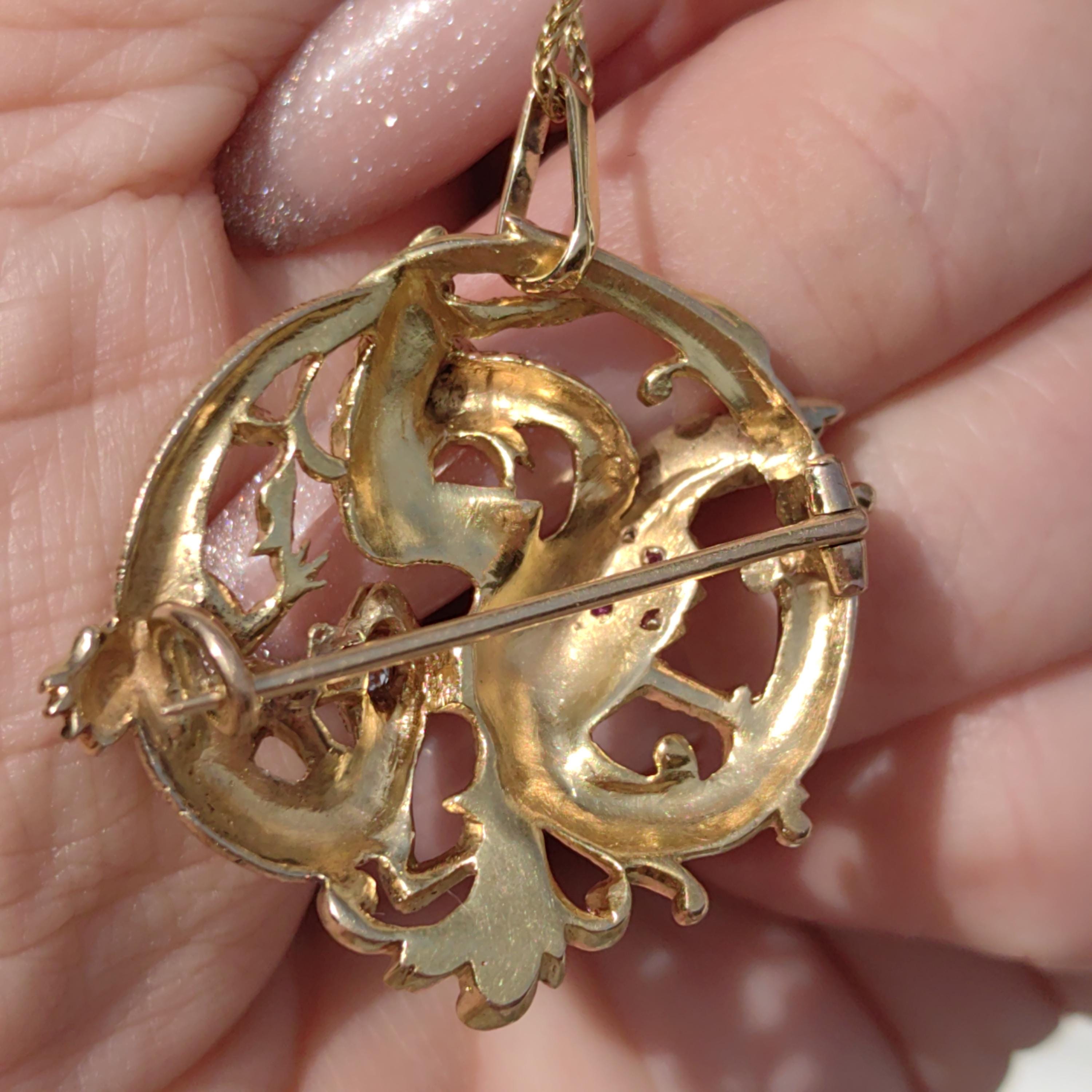 Diamond Emerald Ruby Solid 18k Yellow Gold Griffin Salamander Snake Ritual Magical Statement Pendant Charm Antique Vintage Gift for Her Him