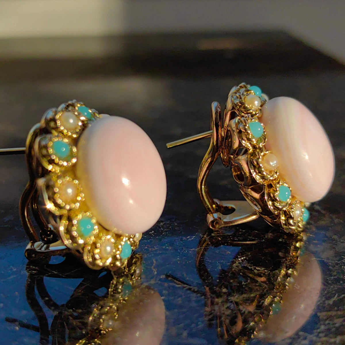 Vintage 1960s Angel Skin Coral 18k Gold Earrings: Turquoise & Pearl Halo