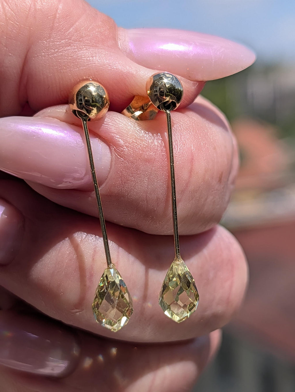 Natural Peridot Dangle Earrings 14k Solid Yellow Gold Hungarian Hallmarked Briolette Cut Green Gemstone Fine Jewelry Gift