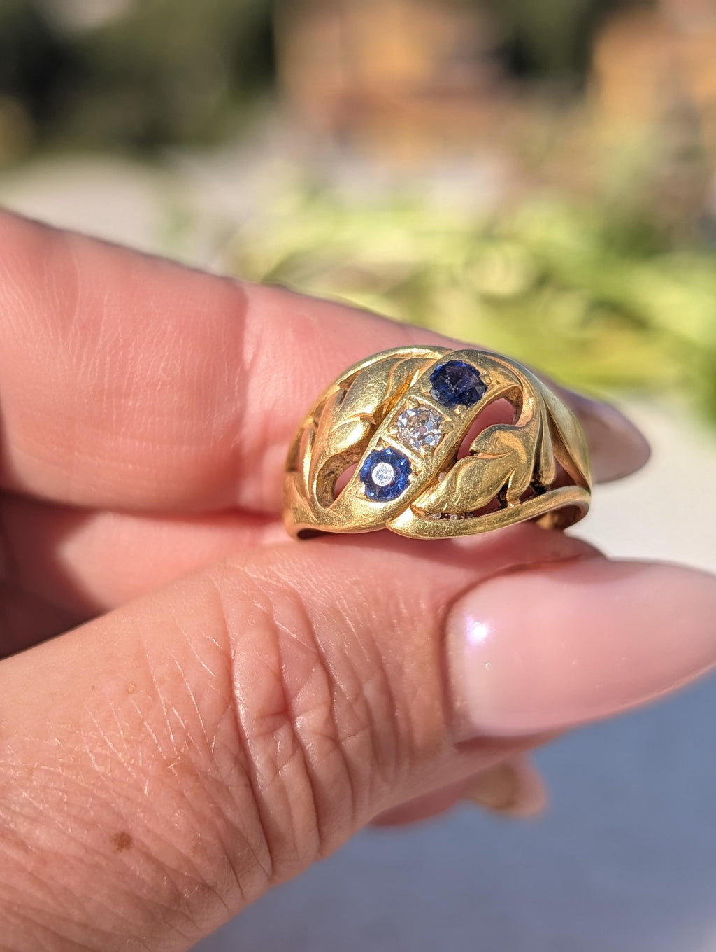 Victorian 1880s Sapphire Diamond Three Stone Ring 19K Gold Laurel Leaf Wide Band Antique US Duty Free HTS 9706