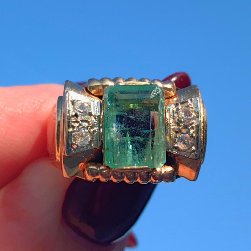 Art Deco 1930s Ring Antique  Genuine 2ct Emerald Diamond solid 18k Gold Vintage Statement Band Chevalier Unisex Estate 6,1gr 6.3/4 resize fr