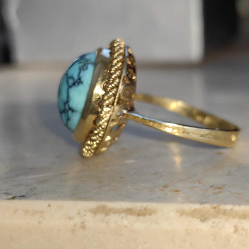Art Deco 18k Gold Turquoise Ring: Mid Century Statement Jewelry