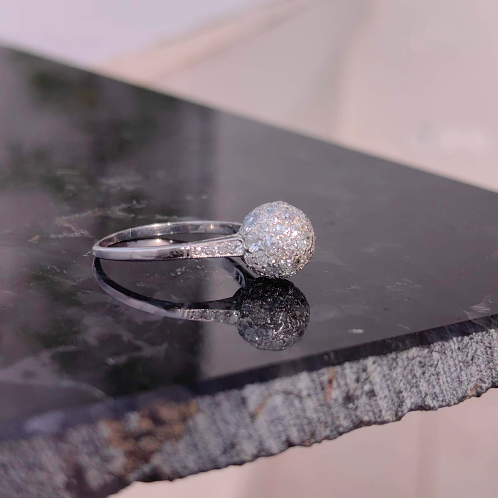 Art Deco Platinum Diamond Globe Ring: 1930s Antique Pavé Engagement
