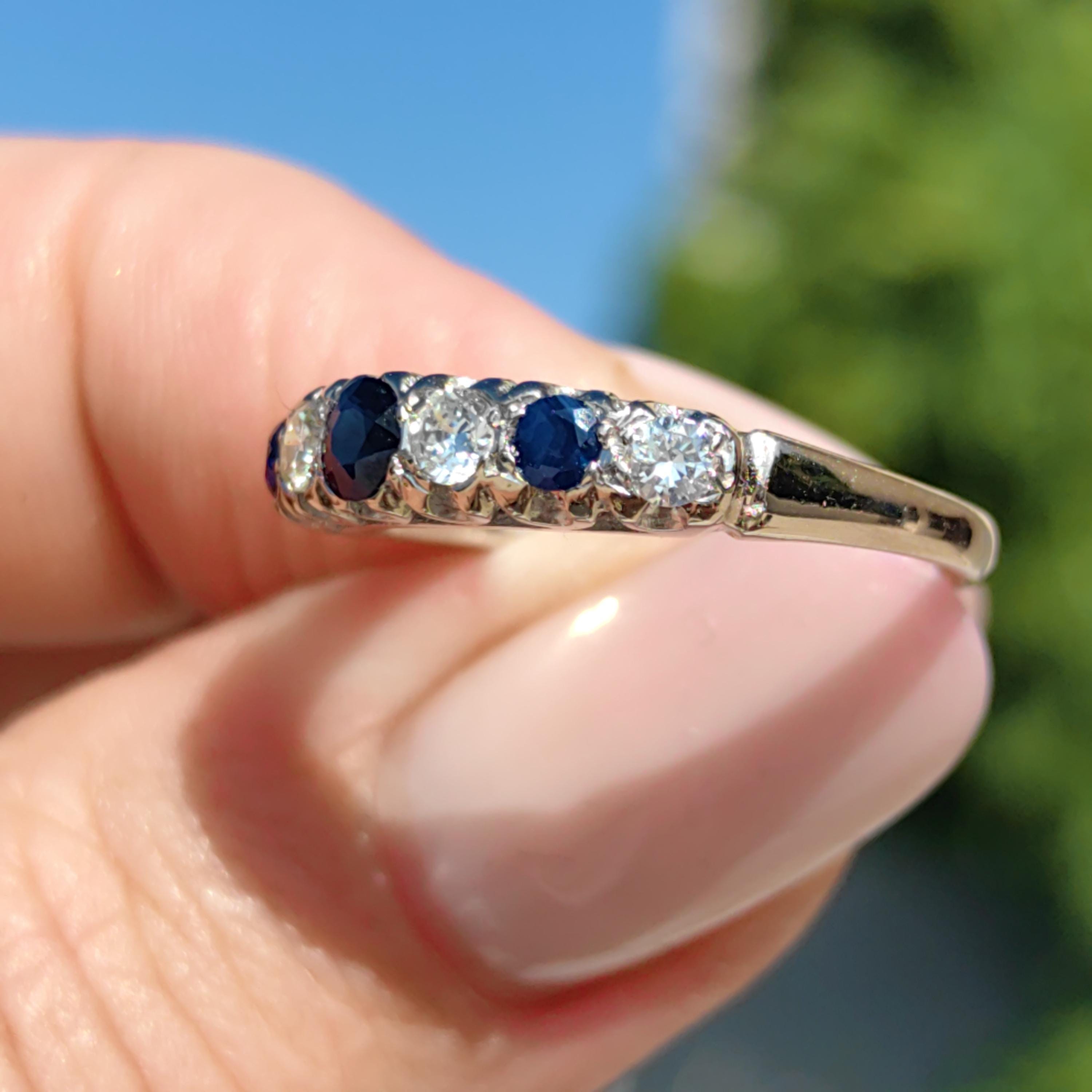 Vintage Sapphire Diamond Band: 18k White Gold Engagement Ring, 1940s