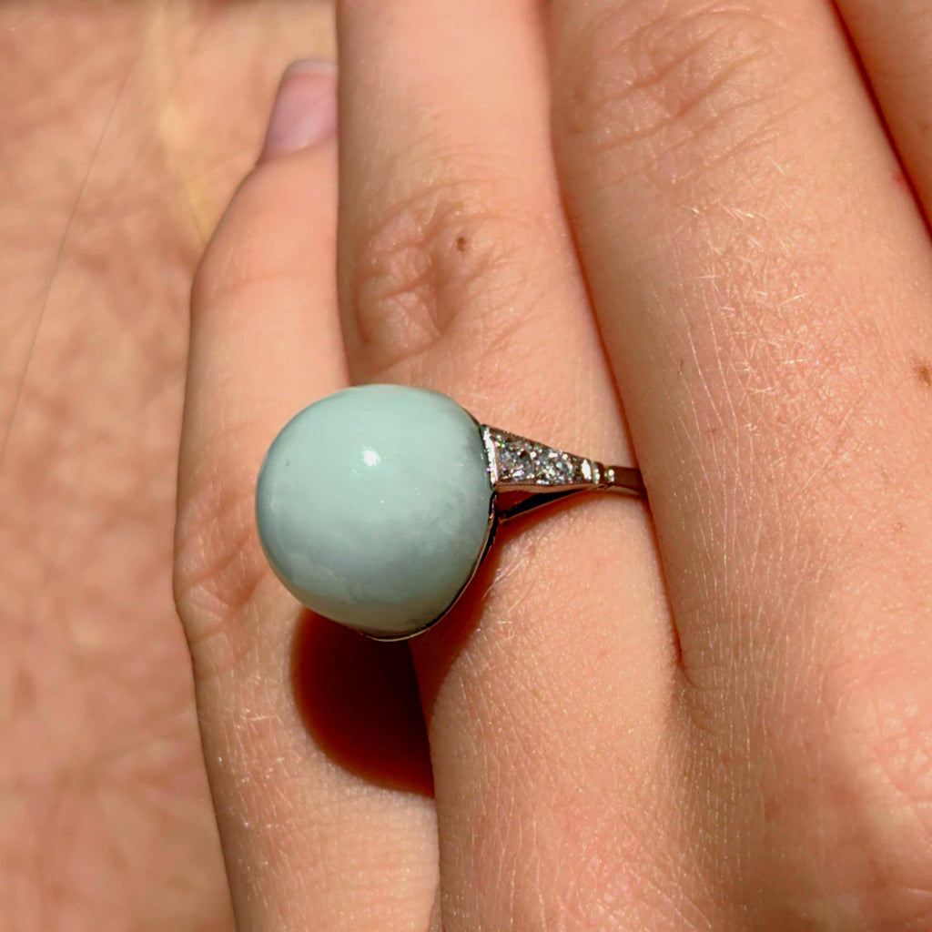 1920s Art Deco Jade Diamond Ring: 18k White Gold French Hallmarks