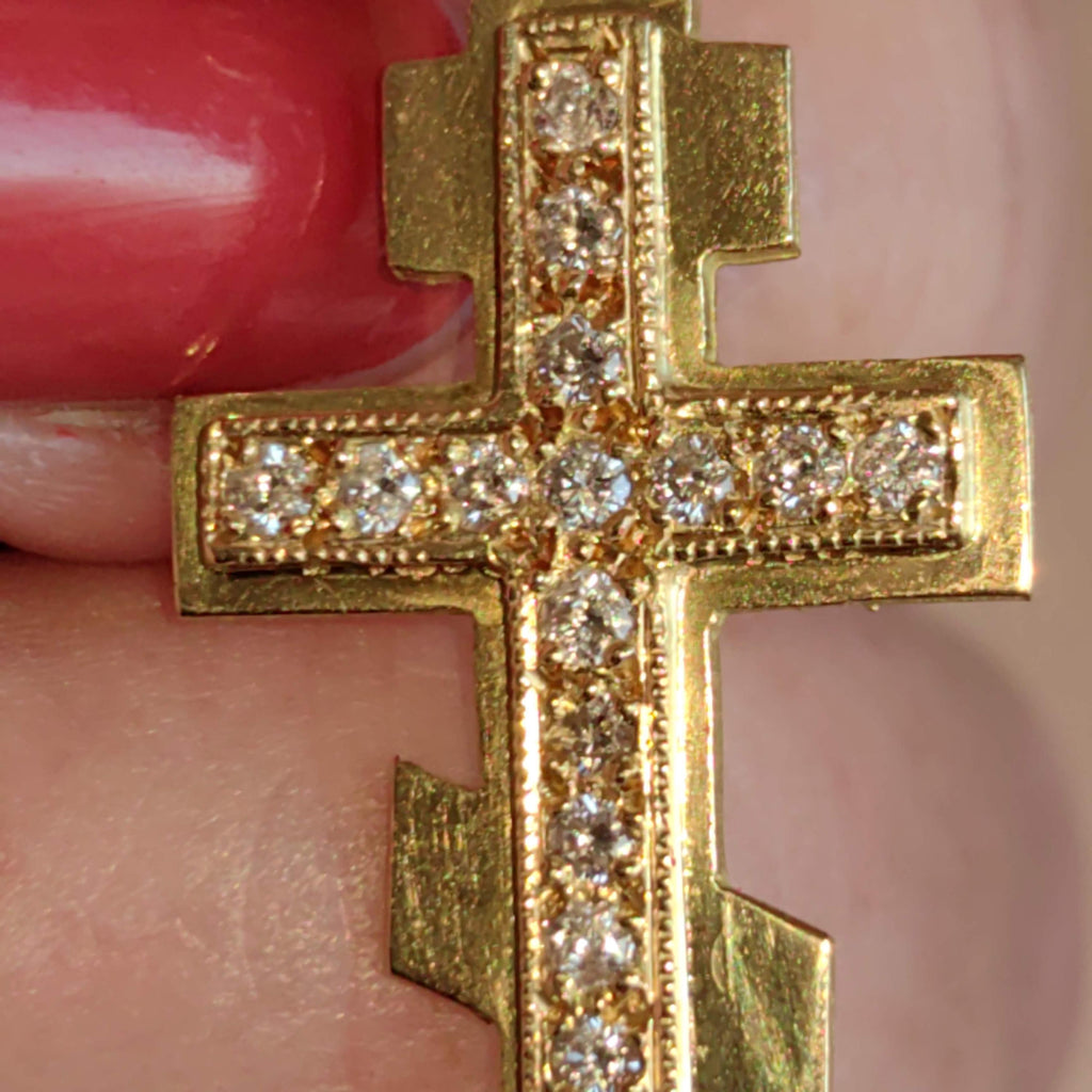 Diamond Orthodox Cross Pendant: 18K Yellow Gold Byzantine Necklace