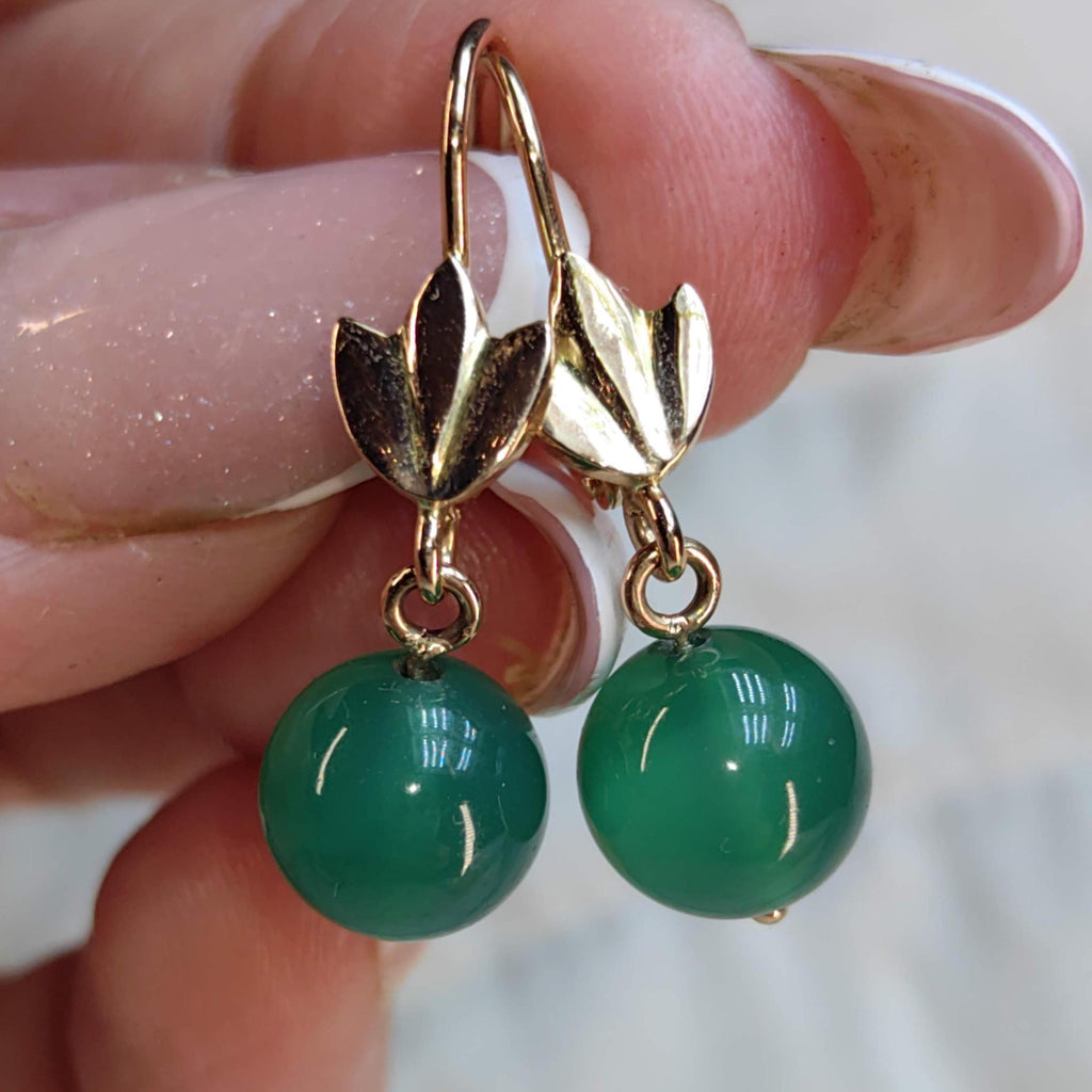 Green Chalcedony 14k Gold Earrings: Vintage 1950s Dormeuse Style
