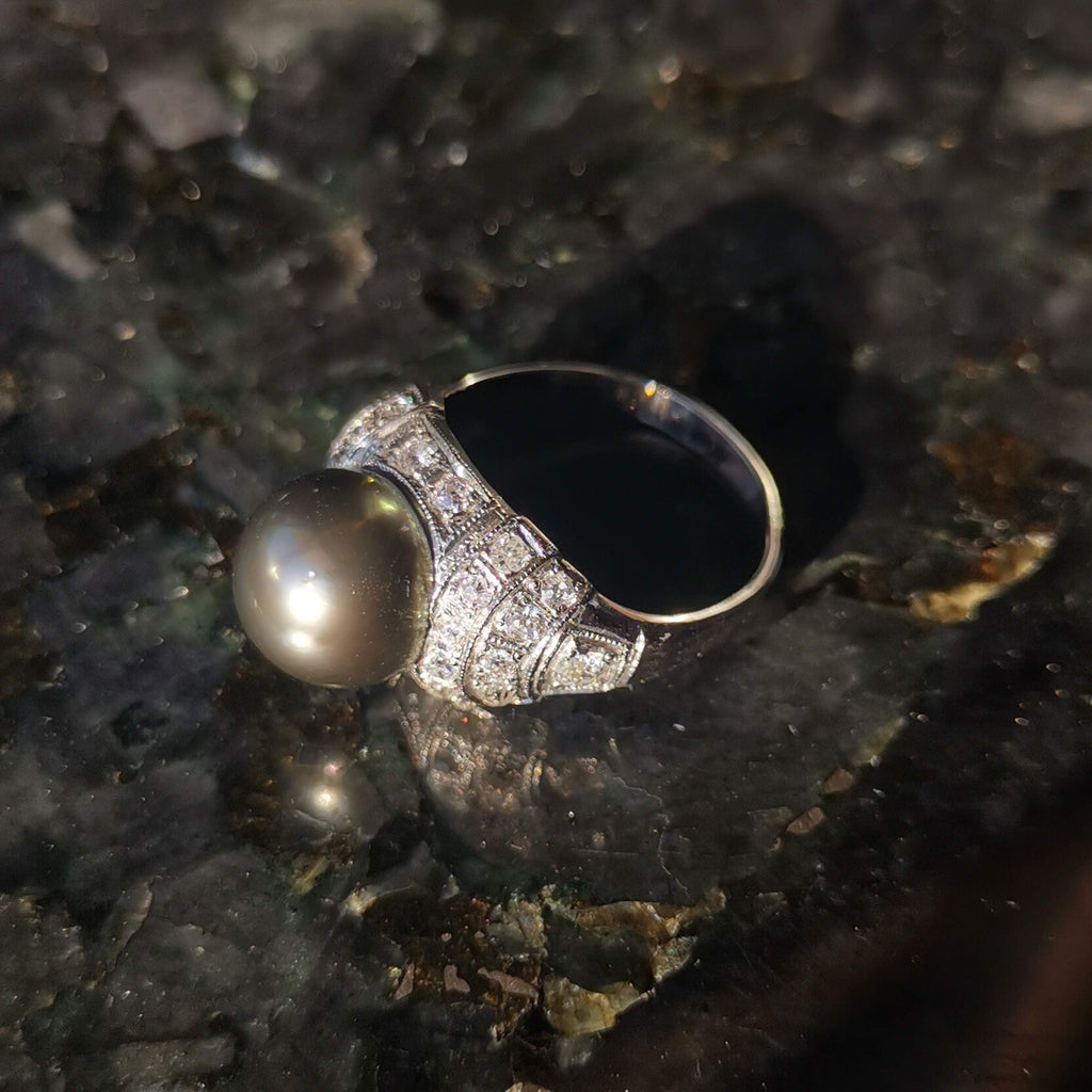 Art Deco Tahitian Pearl Diamond Ring - 1920s White Gold