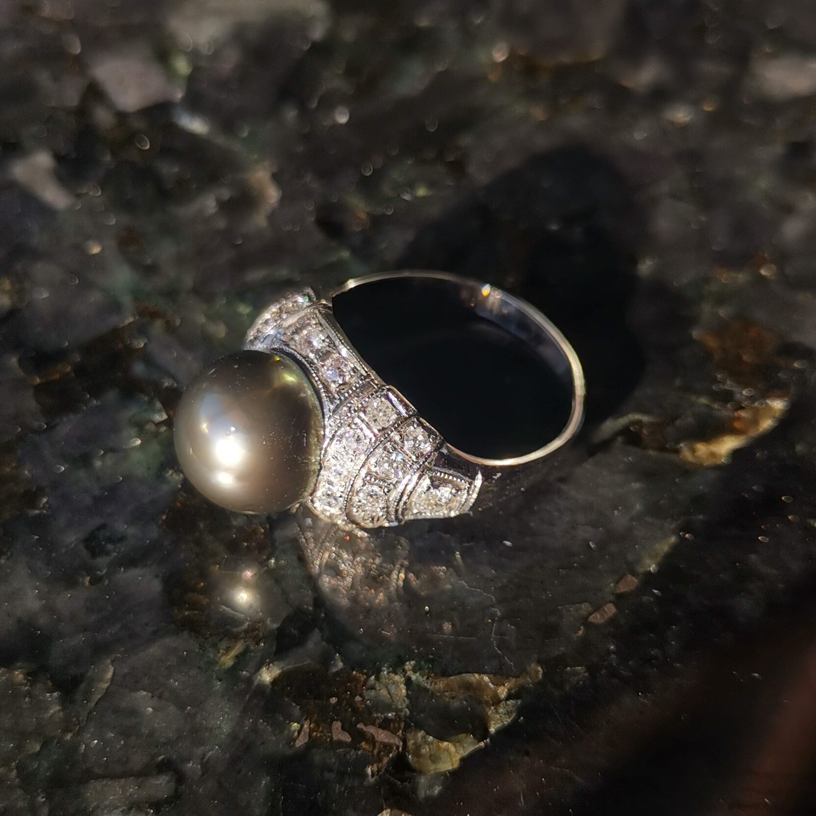 Art Deco Tahitian Pearl Diamond Ring - 1920s White Gold
