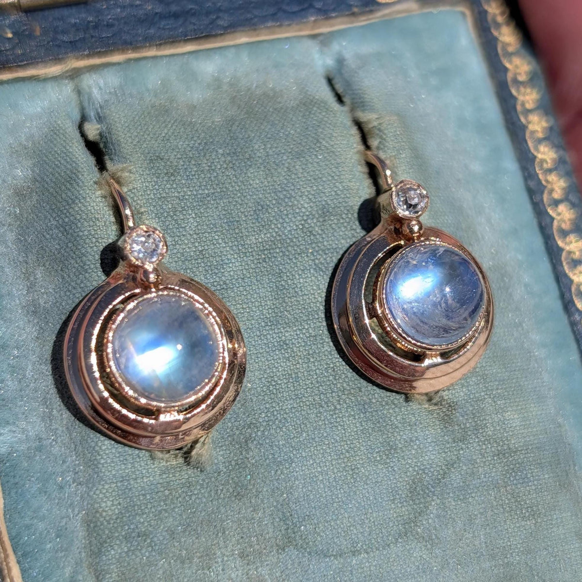 1920s Art Deco Moonstone Diamond Earrings, 14k Rose Gold, Hungarian Hallmarked Dangle