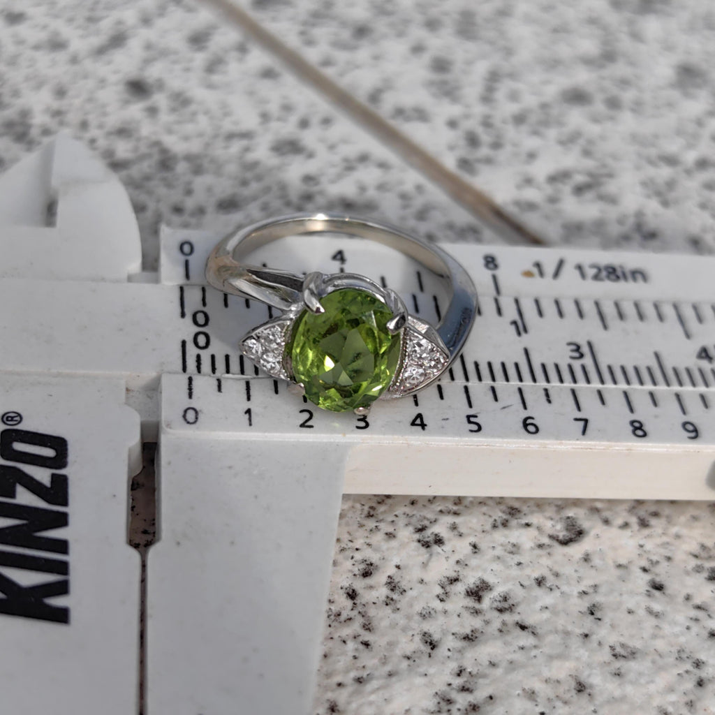 Vintage 14k Solid  White Gold Mid-Century Peridot  Diamond Geometric Solitaire Elegant Band Ring Gift for Her Present