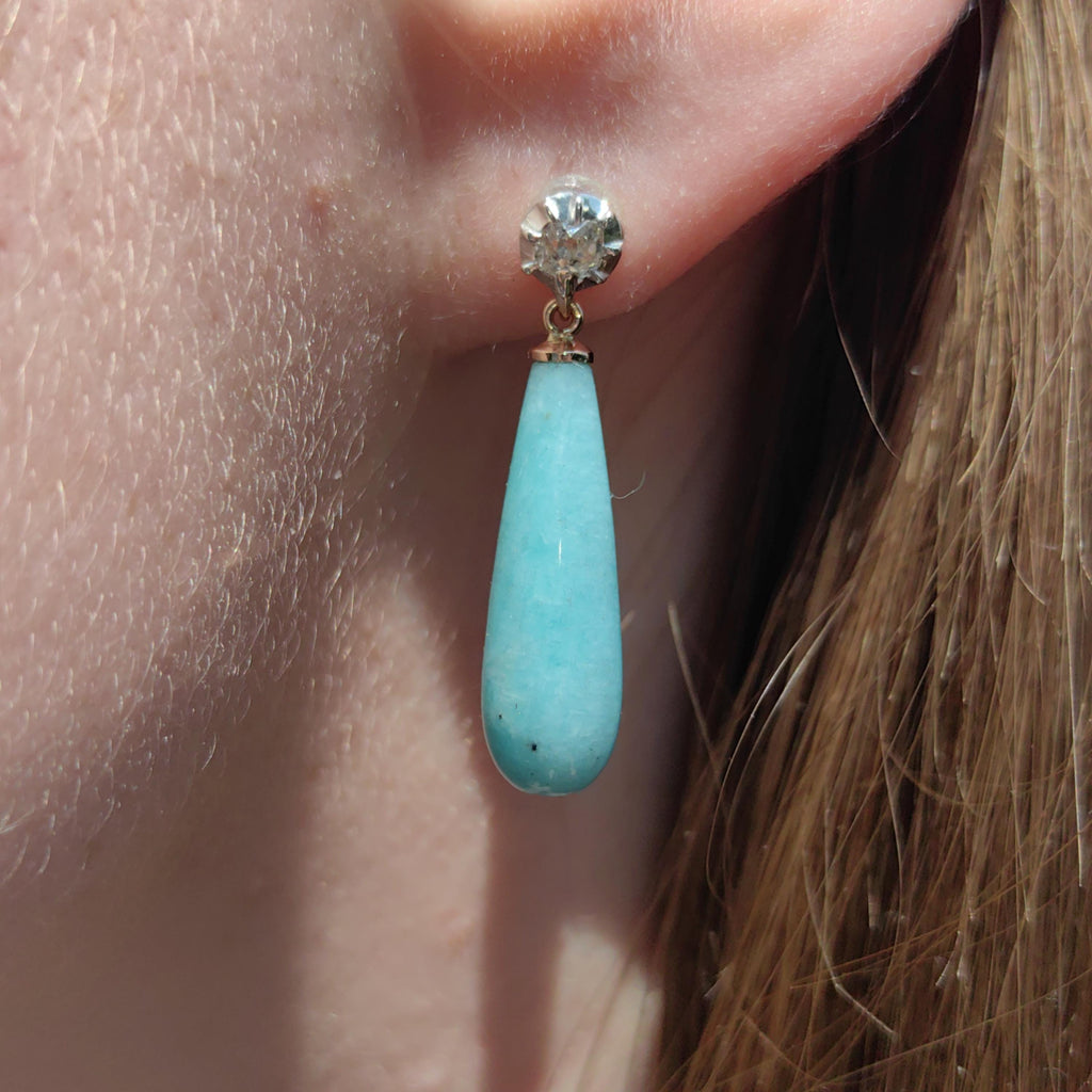 Victorian 1880s Blue Amazonite Diamond Solid 14k Gold Dangle Drop Statement Earrings Rose Cut Diamond Gift for Her Present