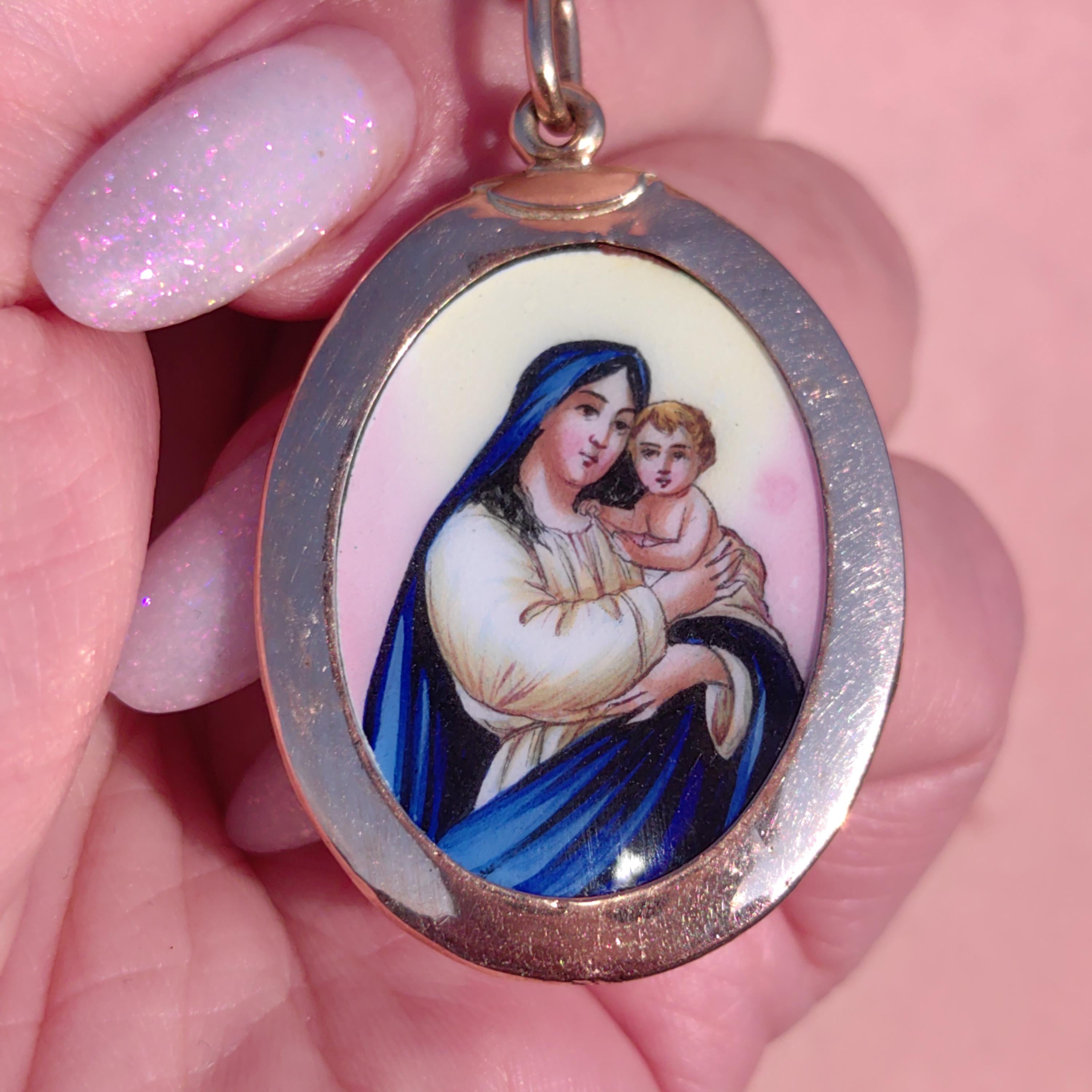 Antique 14k Gold Virgin Mary Pendant: Hand-Painted Enamel Art Nouveau