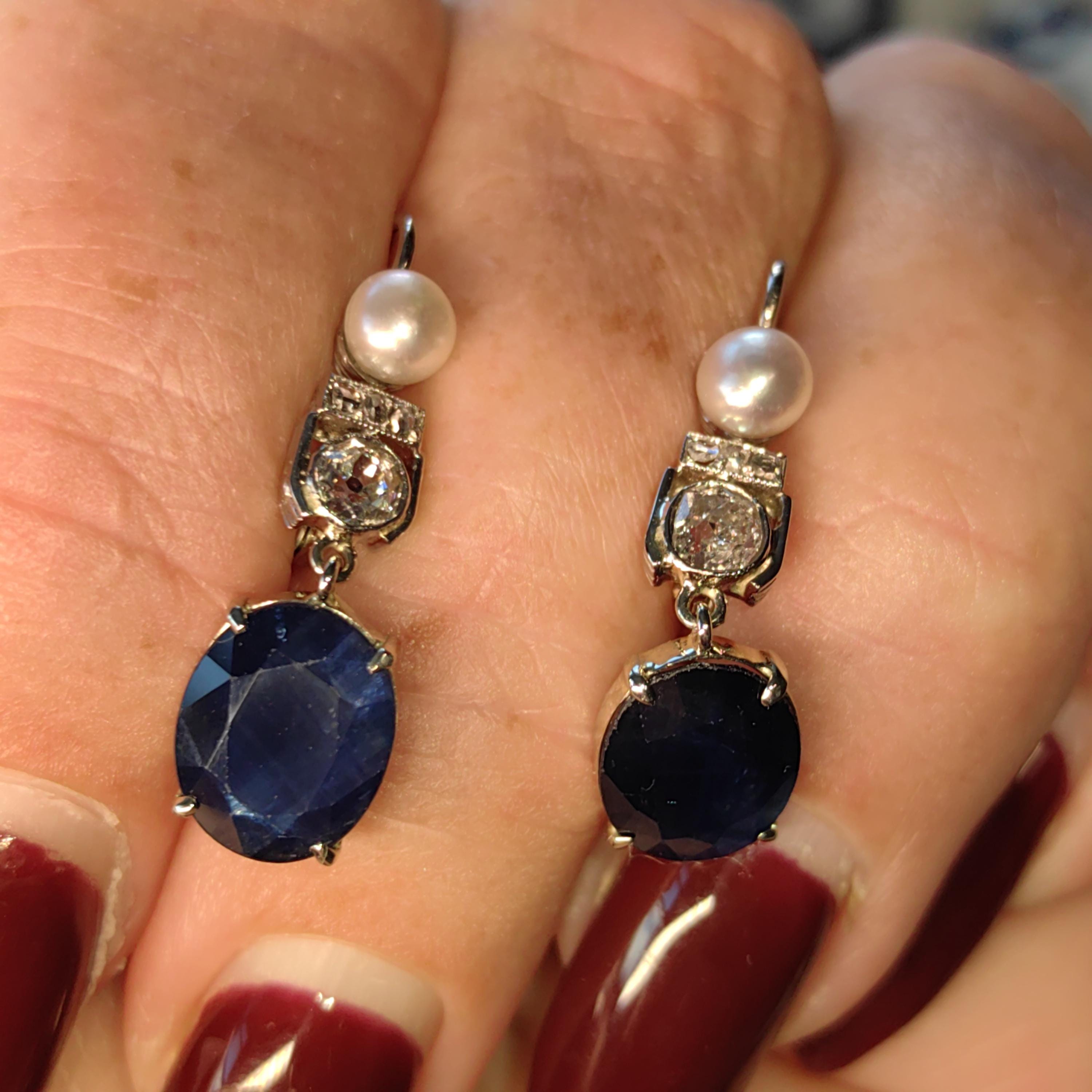Art Deco Natural Sapphire Diamond Pearl Solid 18k White Gold Dangle Drop 1920s Antique Vintage Elegant Edwardian Earrings Gift for Her