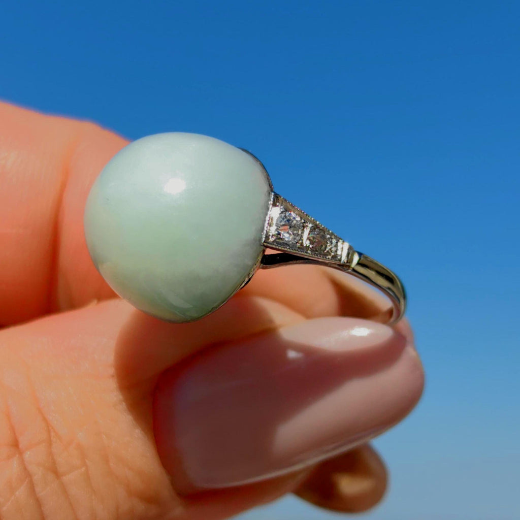 1920s Art Deco Jade Diamond Ring: 18k White Gold French Hallmarks