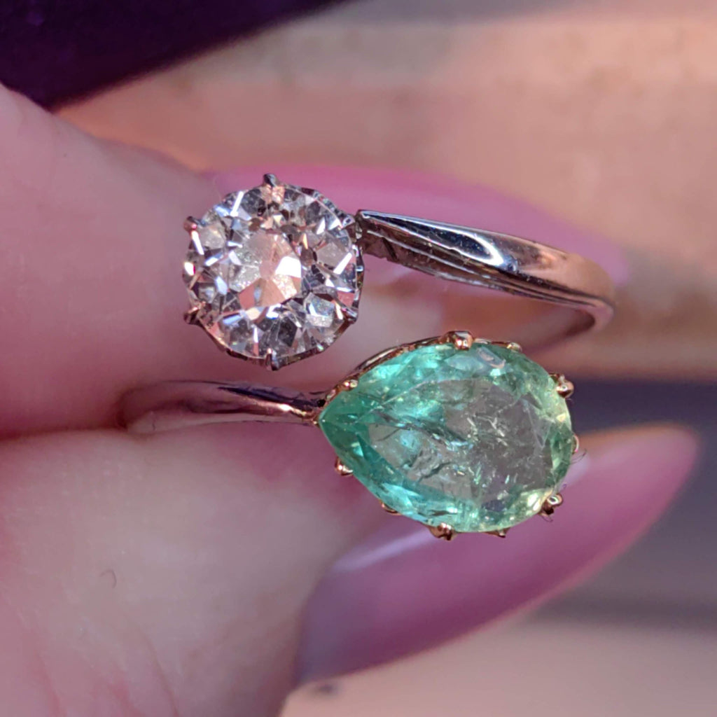 Edwardian Colombian Emerald Diamond Ring: 18k White Gold Antique Engagement Band
