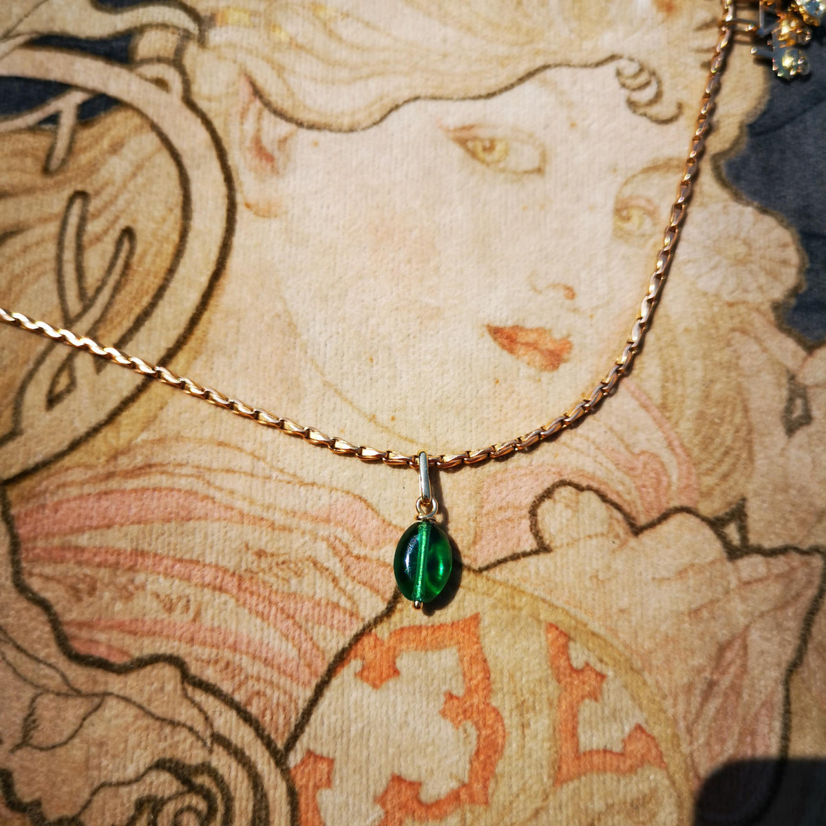 14K Solid Yellow Gold Vintage Antique Art Deco 1930s Green Paste Stone Necklace Pendant Bracelet Charm Gift for her Present Emerald