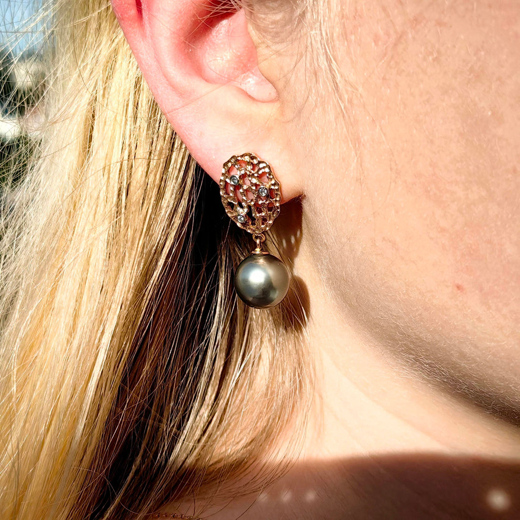 Vintage Tahitian Pearl and Diamond 14k Rose Gold Dangle Earrings