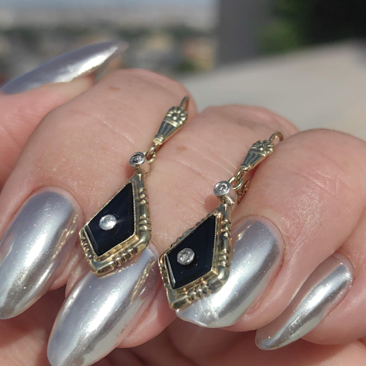 1920s Art Deco Onyx Diamond Dangle Earrings, 14k Gold Old European Cut Hallmarked Antique
