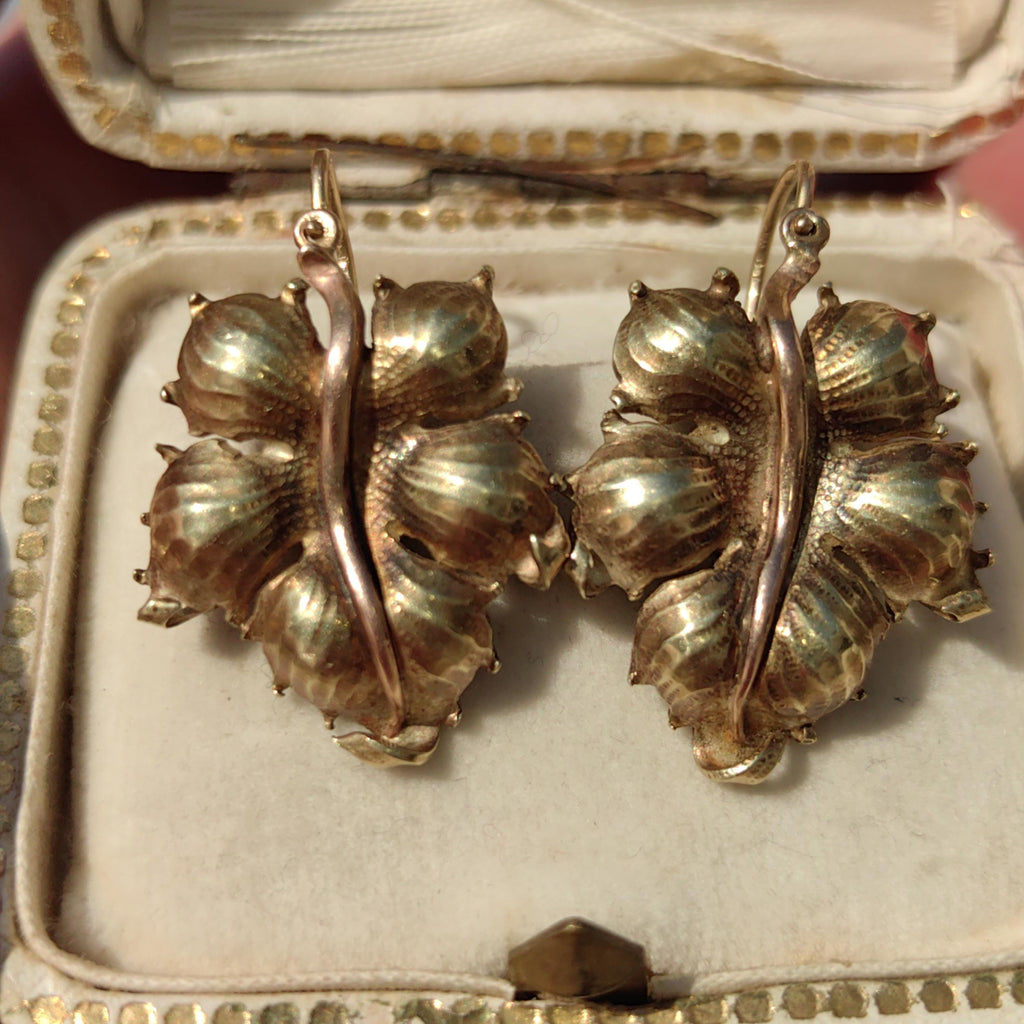 Antique 1870s Floral Leaf Earrings: 14k Yellow-Rose Gold Dormeuses