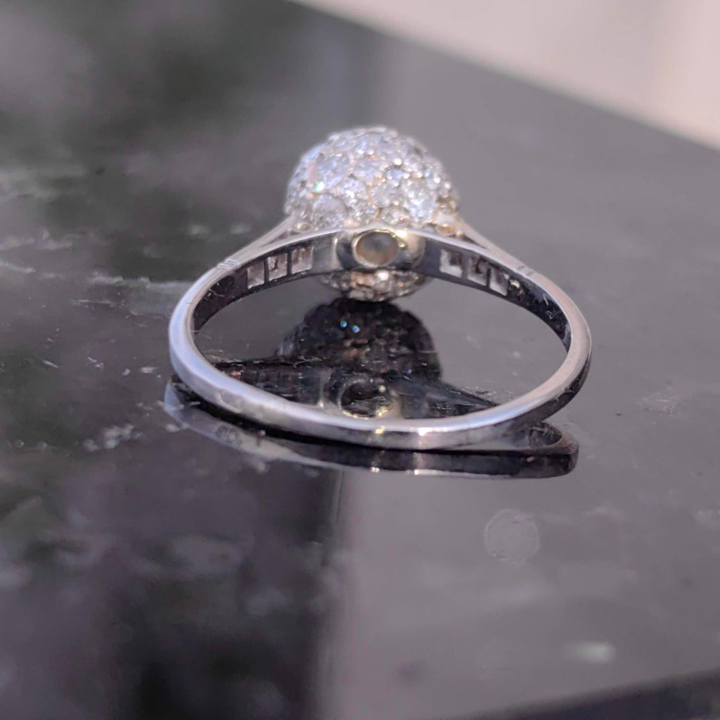 Art Deco Platinum Diamond Globe Ring: 1930s Antique Pavé Engagement