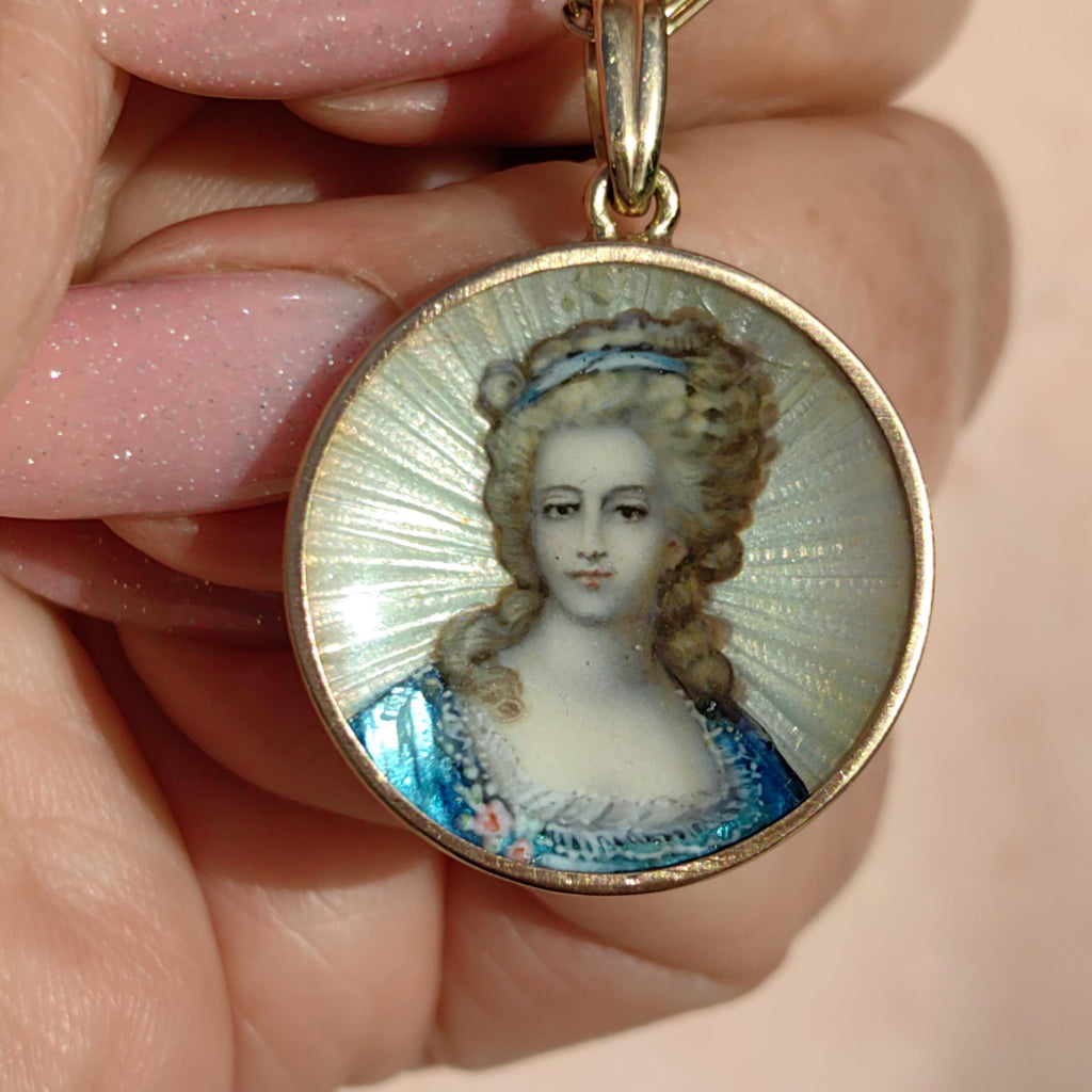 1920s 18k Gold Fire Enamel Portrait Pendant: Aristocratic Woman Miniature